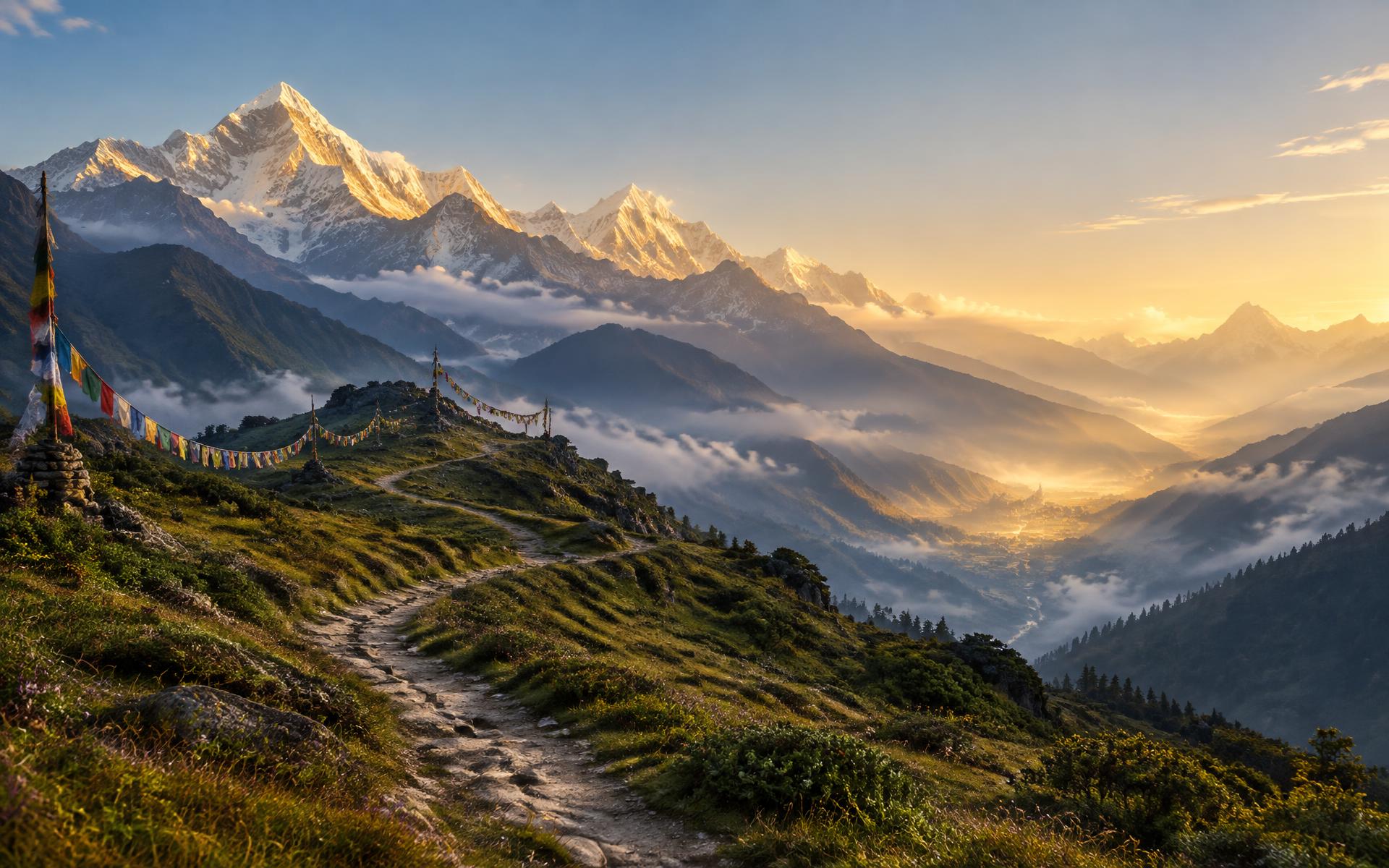 A Himalayan pilgrim path at dawn leading toward mist-wrapped golden peaks